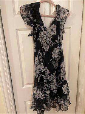 NWOT Black Floral Ruffle Midi Dress